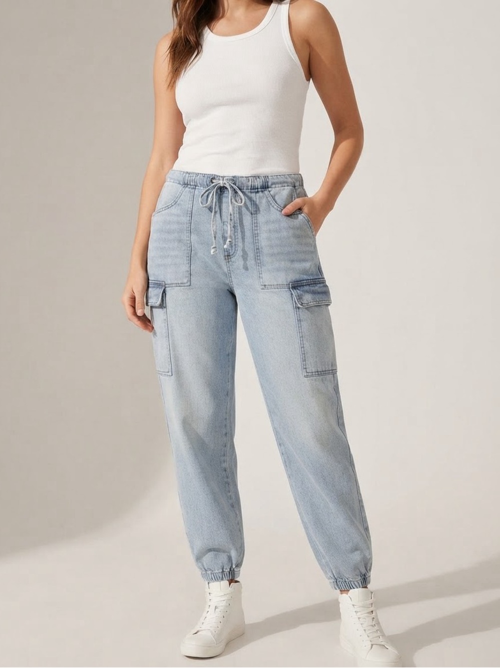 NO BOUNDARIES Cargo Jogger Jeans L 12-14 Light Wash EUC